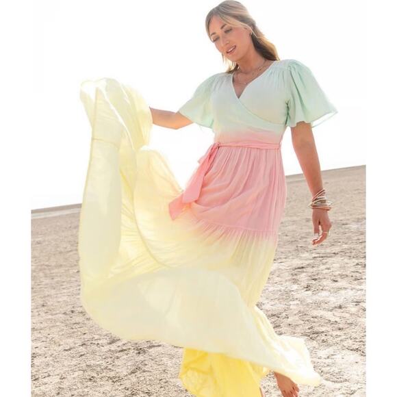 Ivy City Pastel Ombre Tiered Maxi Wrap Dress Cottagecore Spring  Dress Sz S/M - Picture 1 of 11